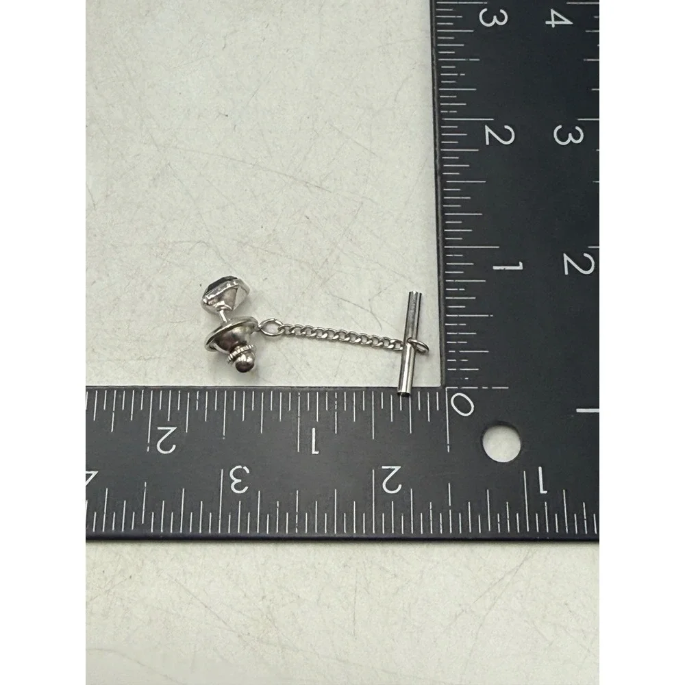 Vintage Silver Tone Blue Stone Tie Tack with Safety Chain Emerald Cut Glass